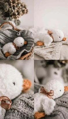 four pictures of stuffed animals sitting in a basket