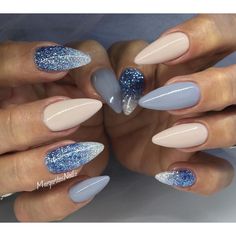 Nude and blue almond nails Almond Nails Designs, Almond Nail