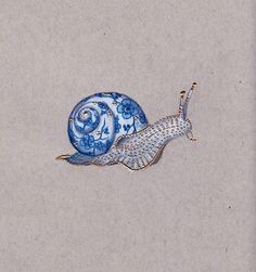 a drawing of a snail with blue and white designs on it's shell, flying through the air