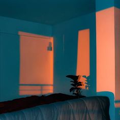a bedroom with blue walls and sunlight coming through the windows, casting shadows on the bed