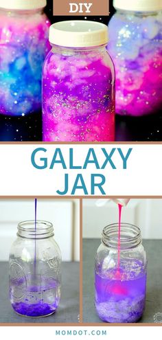 three jars filled with colorful liquid and the words galaxy jar written in white above them