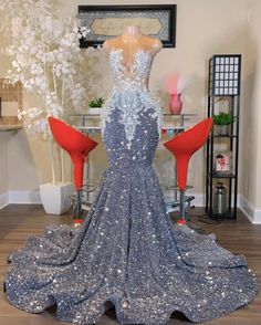 O Neck Silver Prom Dresses Prom Gowns, Silver Prom Dresses Black Girl, Sequin Prom Dresses Mermaid, Silver Prom Dress, Silver Prom Dresses, Mermaid Prom Dresses With Slit, Light Blue Prom Dress Black Girl, Sequin Prom Dresses, Crystal Prom Dress