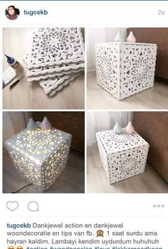 four different pictures of white boxes with designs on them and one has a candle holder in the middle