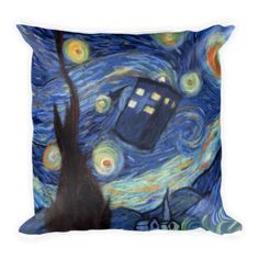 a pillow with a painting of a tardish in the starry night sky