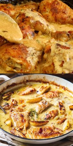 two pictures of different types of food in pans and one has chicken on it