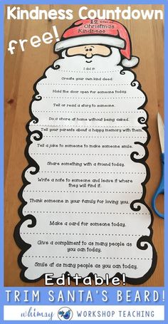 a santa clause writing activity with scissors on the table