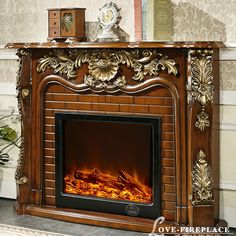 an ornate fireplace with a fire in it