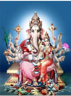 lord ganeshri sitting on the ground with flowers in his hand and an elephant standing next to him