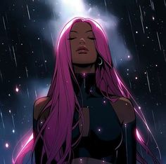a woman with long pink hair standing in the rain, wearing black and purple clothes