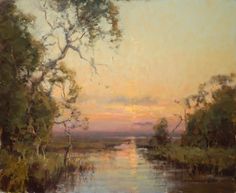 an oil painting of a river with trees in the foreground and sunset in the background