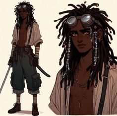 a man with dreadlocks and glasses standing next to another man in pirate costume