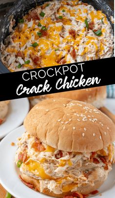 crockpot chicken sandwich on a plate next to a casserole with shredded cheese