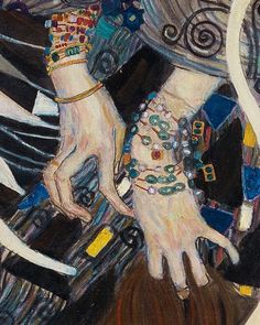 a painting of two hands touching each other's fingers with jewelry on their wrists