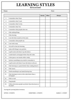 Worksheets, Motivation, Learning Style Inventory, Printable Personality Test, List Of Skills, Learning Styles Survey, Learning Style Test, Learning Style Assessment