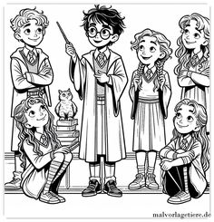 the harry potters coloring page for children with their teacher and two other kids, one holding