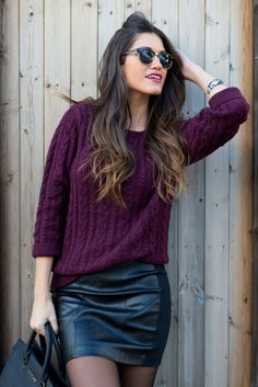 Leather Skirt, Jumpers, Autumn Outfits, Purple Sweater, Fall Outfits, Leather Skirt Outfit
