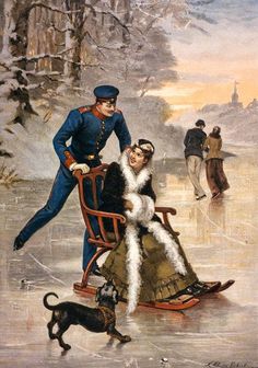 a painting of a man and woman on a sled in the snow with a dog