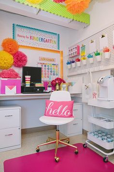 a room filled with lots of crafting supplies and decor on the walls, including paper pom poms