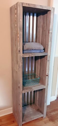 a wooden shelf with two baskets on top of it
