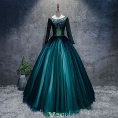 Classic Dark Green Prom Dresses 2017 Ball Gown Lace Flower Crystal Scoop Neck Long Sleeve Floor-Length / Long Formal Dresses Prom Dresses Ball Gown, Dark Green Prom Dresses, Green Prom Dress, Prom Dresses Long, Prom Dresses 2017