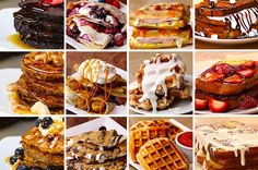 many different types of waffles and other desserts are shown in this collage