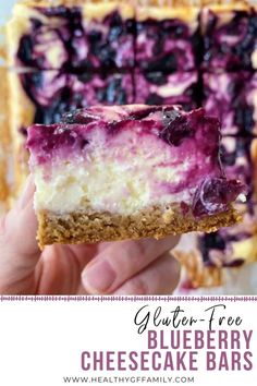 blueberry cheesecake bars with graham crackers on top and the text gluten - free