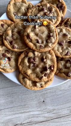 chocolate chip cookies on a white plate with the words better than subway cookielist