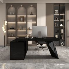 an office with a black desk and bookshelves