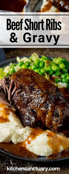 beef short ribs and gravy on a plate with mashed potatoes and peas