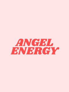 the words angel energy are red and black on a light pink background with white letters