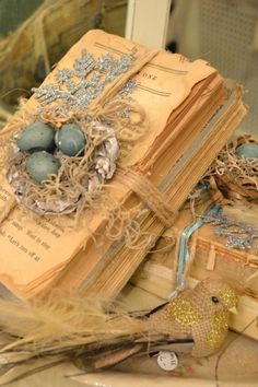 an old book with birds nest on top of it next to other books and decorations