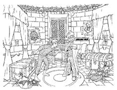 a black and white drawing of two people in a room
