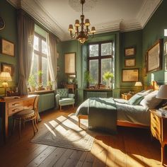 a bedroom with green walls and wooden floors, an antique style bed is in the center of the room