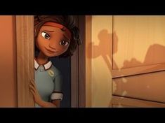 a cartoon girl peeking out from behind a wooden door with her shadow on the wall