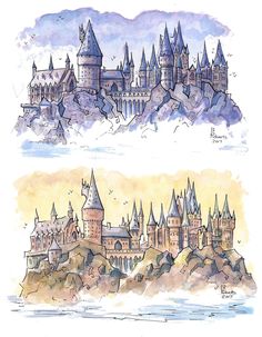 two drawings of hogwarts castle from harry potter