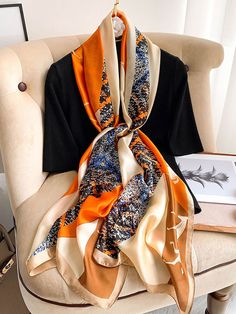 Vintage Multi-Colored Printed Silk Imitation Shawl & Scarf BLACK-One_size Silk Scarf, Patterned Scarves, Silk Printing, Scarf Wrap, Pattern Fashion, Scarf Hat