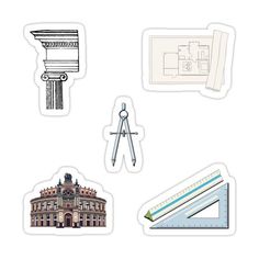 four stickers with different types of architecture and architectural details on them, including a building