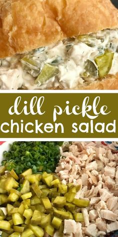 this is an image of chicken salad in a crock pot with the words, dill pickle chicken salad