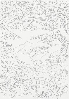 a drawing of trees and mountains in the background