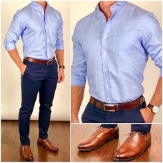 perfect formal combination , brown leather shoe with brown leather belt Mens Business Casual Outfits, Business Casual Men