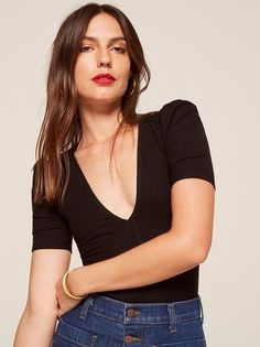 Easy. This is a tight fitting top with slightly padded shoulders and a v neckline. Tops, Women