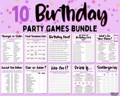 the 10 birthday party games bundle is shown with pink stars and purple text on it