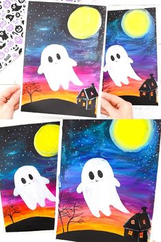 four paintings of ghost houses with the moon in the background