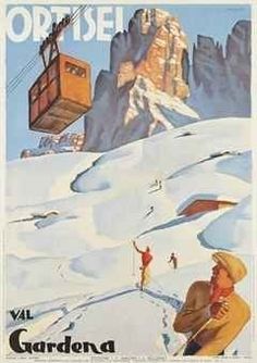 an advertisement for the ski resort gardina in italy, with a man standing next to a chair lift