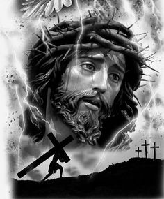 a black and white drawing of jesus holding the cross