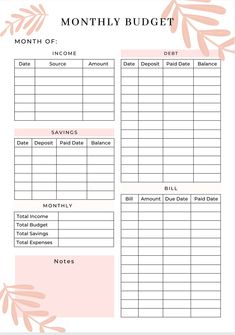 a printable budget sheet with the words, month off and savings in pink leaves