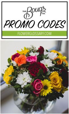 a bouquet of flowers in a vase with the words, the bougy prono code