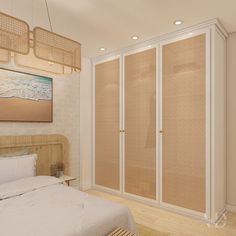 a bedroom with a bed, closet and painting on the wall above it's headboard