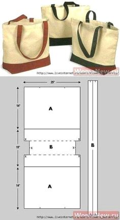 three tote bags are shown with measurements for each bag and the size is inches