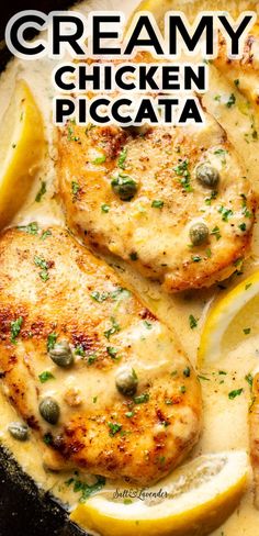 creamy chicken piccata with lemons and capers in a skillet on the stove